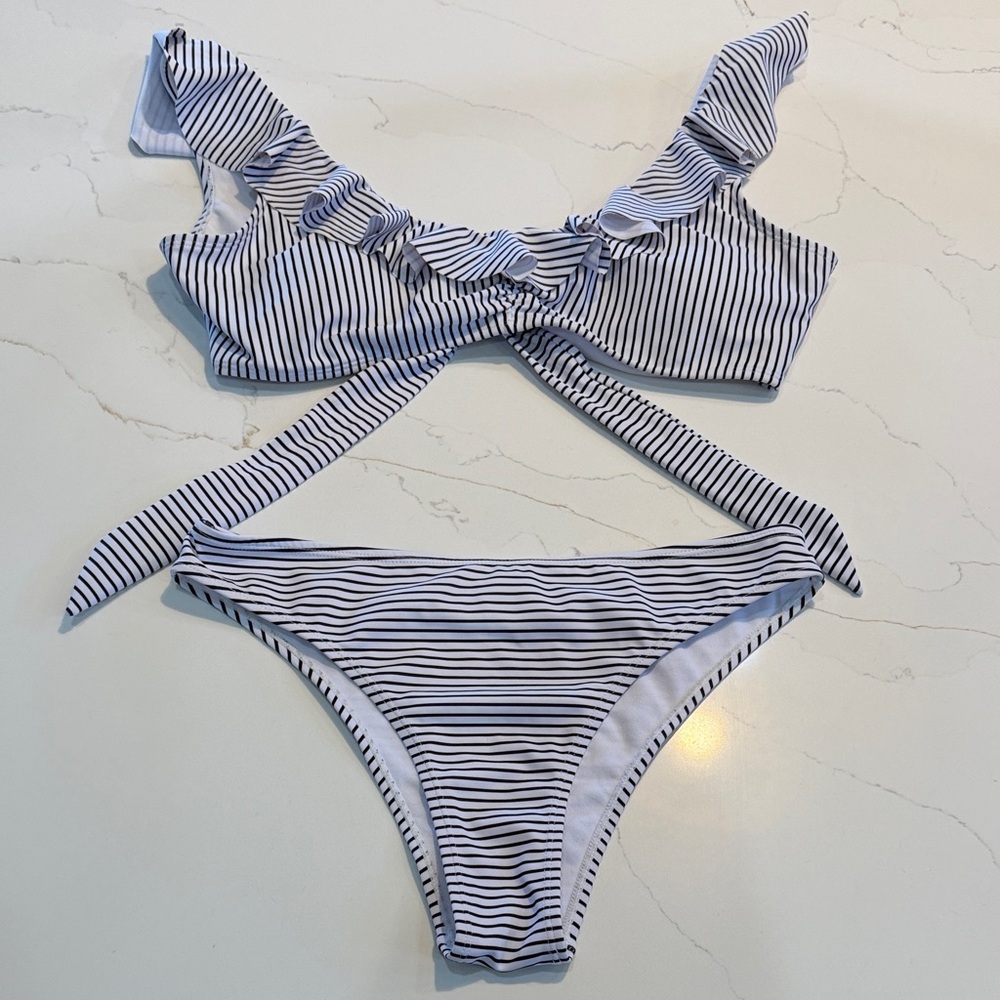 Striped Ruffle Bikini Set - Black & White
